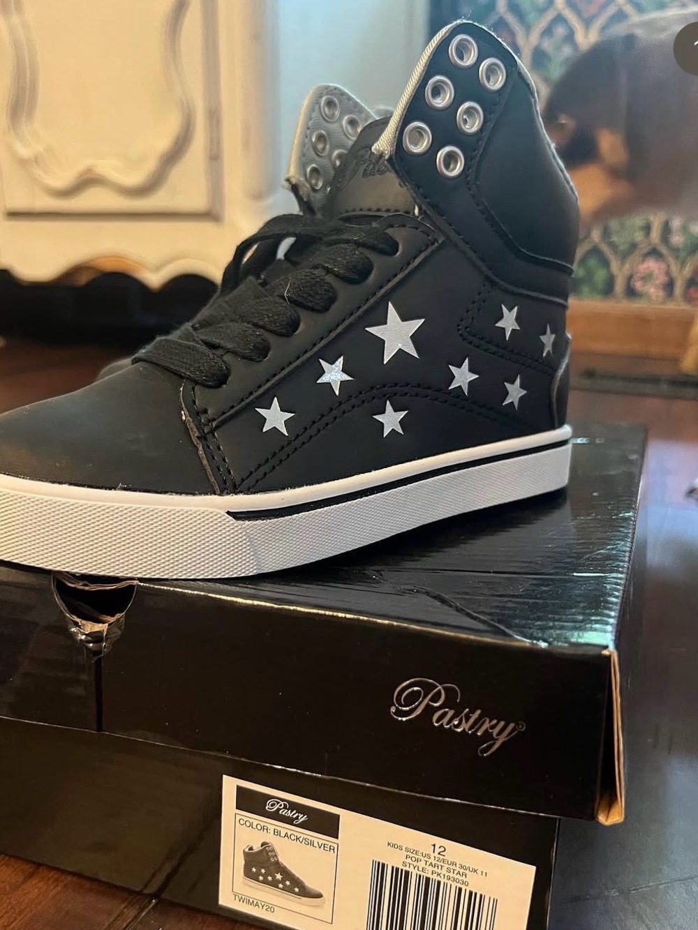 Pastry Black High-Top Sneakers with Silver Stars, dance shoes